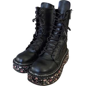 Demonia Emily Black Floral Chunky Alternative Goth Punk Platform Combat Boots 7